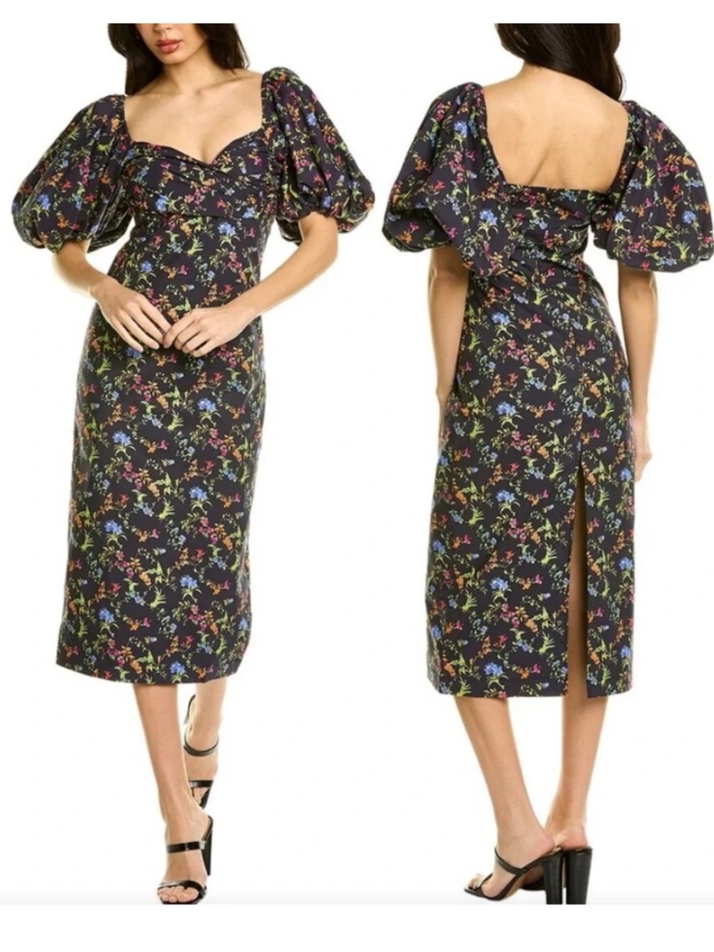 Caroline Constas Bridget Black Tropical Floral Puff Sleeve Midi Dress Small